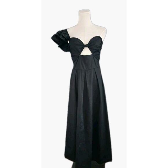 Eva Franco One-Shoulder Pleated Black Size 8 Cotton Midi Dress - Picture 4 of 8